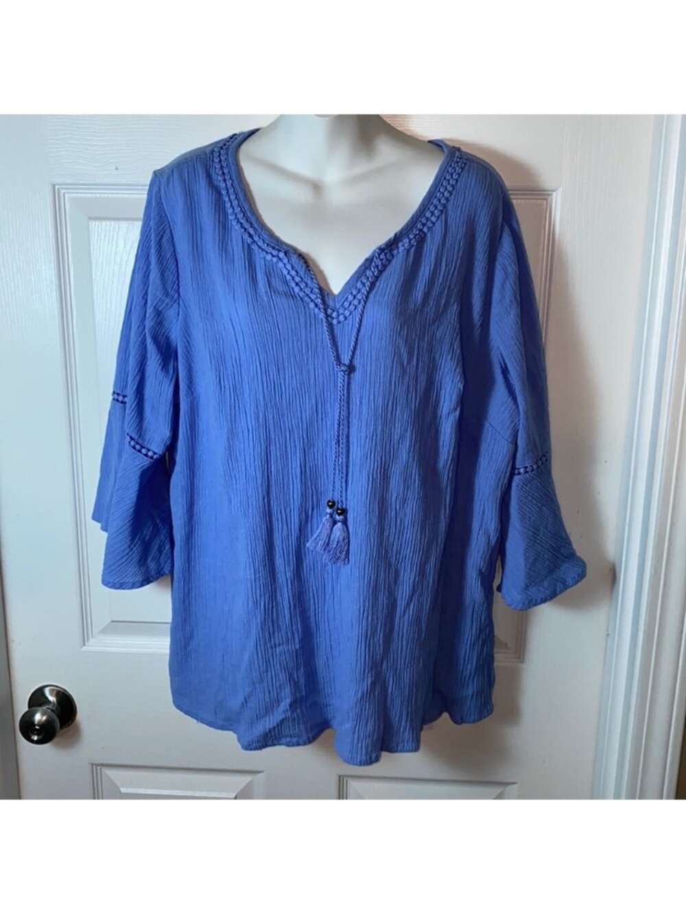 Denim + Company Women’s Gauzy Tunic Top V Neck Tassel Bell Sleeve Plus Size 1X